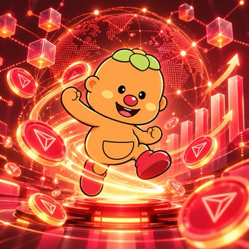 A cartoon character mascot (resembling a potato/baby with green hair) running energetically through a digital scene filled with glowing red Tron (TRX) cryptocurrency coins, 3D cubes, and bar charts.