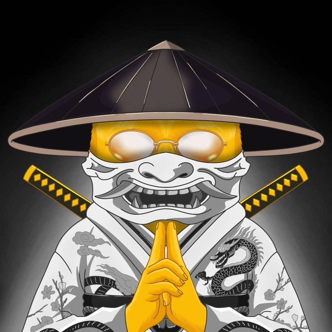 A digital illustration of a yellow character wearing a samurai hat and white robe with dragon tattoos, with orange hands clasped together.