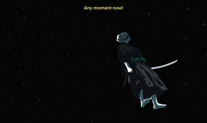 An anime-style illustration of a skeletal figure in a black coat wielding a katana, floating against a starry black sky with the text 'Any moment now!' in yellow.