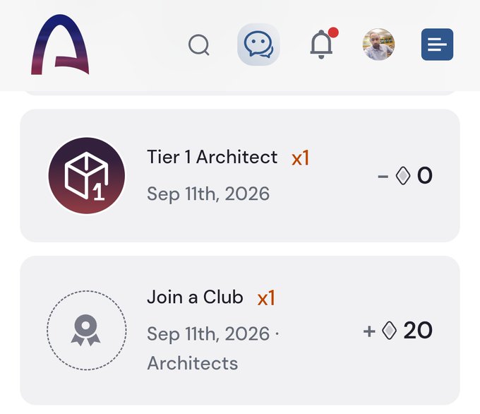 A user interface showing a Tier 1 Architect badge and a Join a Club achievement on Sep 11th, 2026, with diamond point values displayed.