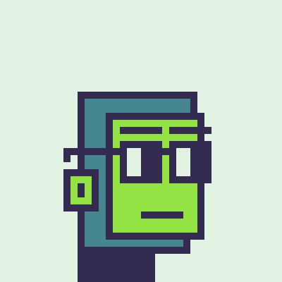 Pixel art icon depicting a green-faced character with glasses and a backpack against a light green background.