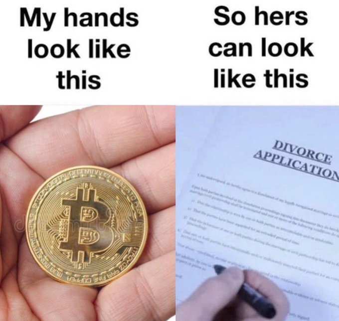 A hand holds a golden coin, while a paper with "Divorce Application" is written on it, and the text "My hands look like this" is displayed above them.