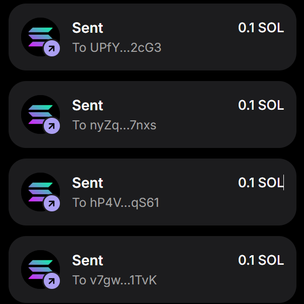 The image shows four transaction confirmations on Solana, each displaying "Sent 0.1 SOL" to different wallet addresses (UPfY...2cG3, nyZq...7nxs, hP4V...qS61, and v7gw...1TvK), serving as proof of the 0.1 SOL airdrop being distributed in the post.