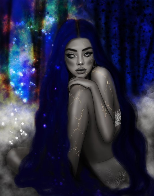 The image depicts a mystical figure with long blue hair, cracked porcelain-like skin laced with golden veins, and a kintsugi-inspired tattoo, set against a cosmic, nebula-filled background. It aligns with the post's "calm chaos" theme, blending serene beauty with otherworldly elements as part of the 13/15 NFT collection on xtz @objktcom.