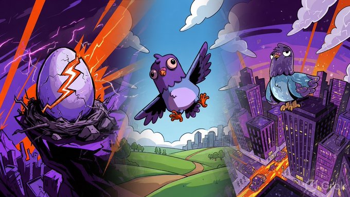 Cartoon illustration depicting three scenes: a purple egg hatching with lightning on the left, a purple pigeon flying in a peaceful green landscape in the center, and a darker pigeon on a stormy city skyline on the right, representing a crypto narrative transition.