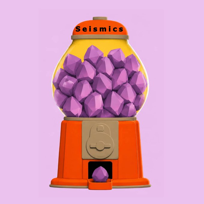 A 3D illustration of an orange gumball machine labeled 'Seismics' filled with purple crystals/gem-like objects on a light purple background.