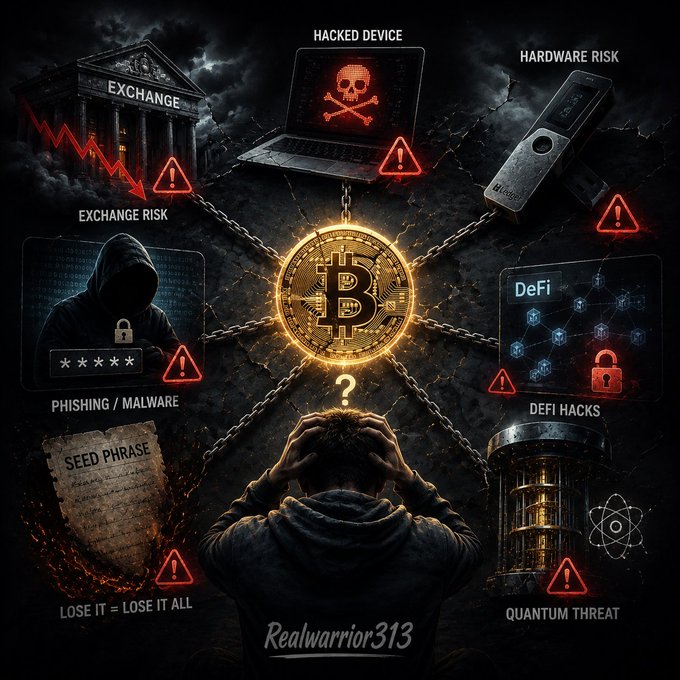 A dark infographic illustrates various cryptocurrency risks surrounding a central glowing Bitcoin logo, with sections labeled 'EXCHANGE RISK', 'HACKED DEVICE', 'HARDWARE RISK', 'PHISHING / MALWARE', 'SEED PHRASE - LOSE IT = LOSE IT ALL', 'DEFI HACKS', and 'QUANTUM THREAT'. The watermark 'Realwarrior313' appears at the bottom.