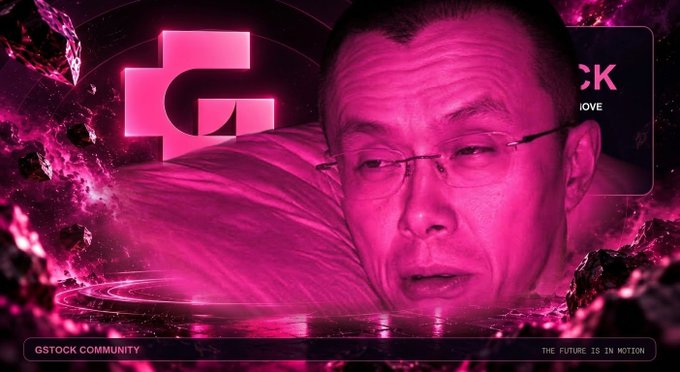A man with glasses appears against a vibrant pink cosmic background with the "GStock Community" logo and tagline "THE FUTURE IS IN MOTION" displayed, tying into the post's discussion about BNB Chain's growing dominance in the US stock tokenization market.