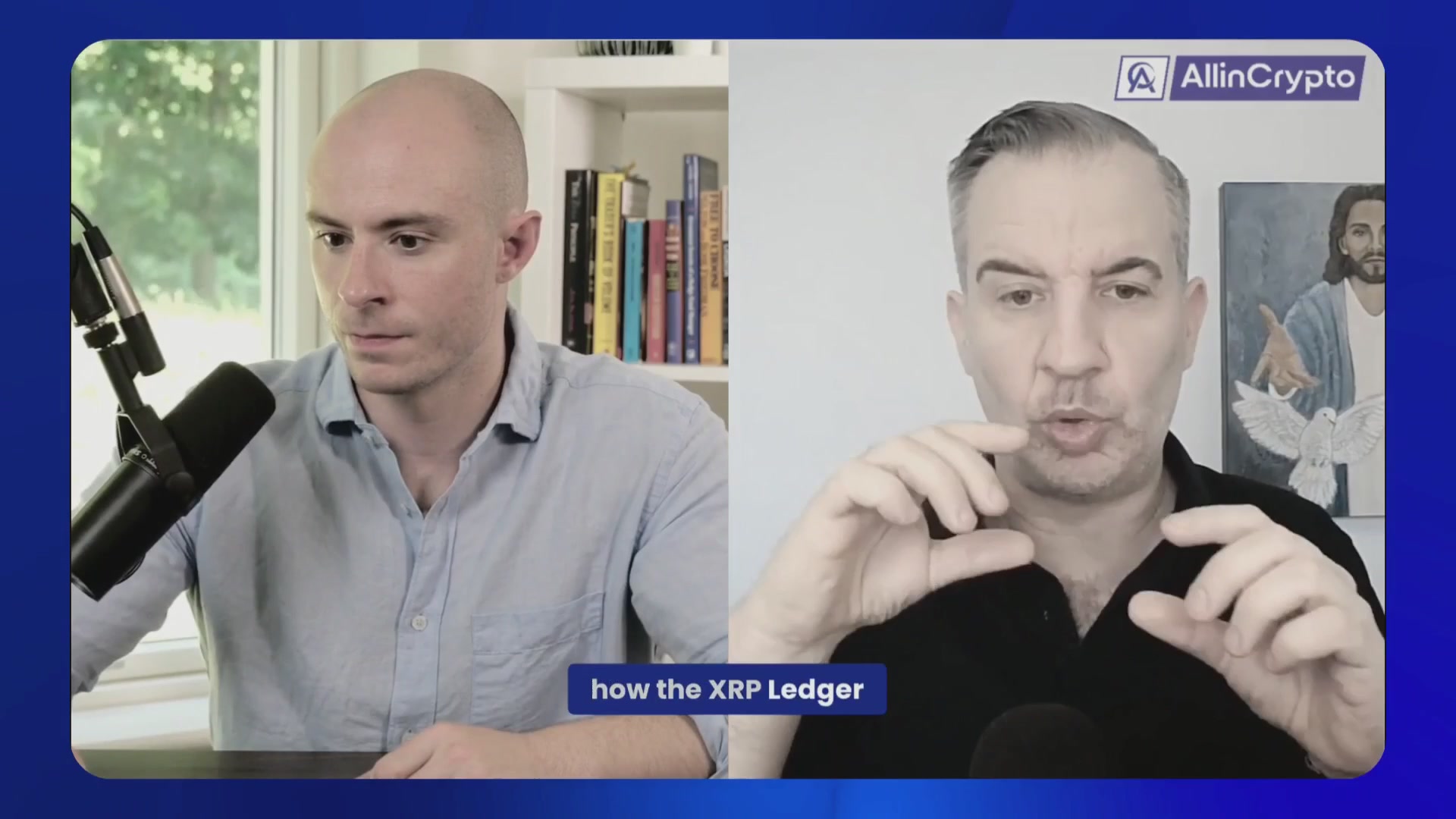 The image shows a man sitting at a desk with a microphone, likely recording an interview or podcast discussion about XRP (Bitcoin Cash). The man appears to be wearing a blue shirt and has a bald head. There are several books visible on shelves behind him, suggesting that he might have some background knowledge in the subject matter being discussed.