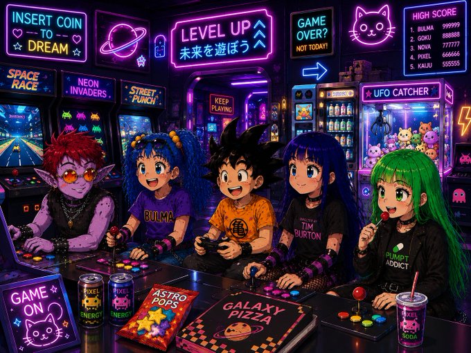 A vibrant, colorful illustration of Dragon Ball characters (including Bulma and Goku) at a neon-lit arcade with signs reading 'INSERT COIN TO DREAM', 'LEVEL UP 未来を遊ぼう', 'GAME OVER? NOT TODAY!', and 'UFO CATCHER'.