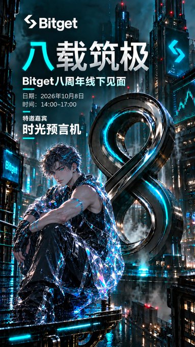 The image is a Bitget promotional poster featuring a cyberpunk-themed character sitting beside a large metallic "8" against a neon cityscape, with Chinese text announcing "八载筑极" (Eight Years of Excellence) and "时光预言机" (Time Prophecy Machine) for their 8th anniversary offline meetup on October 8, 2026.

The poster connects to the post by promoting the October 8th Bitget event the user is excited to attend, highlighting it as their 8th-anniversary celebration where they'll reunite with Bitget employees.