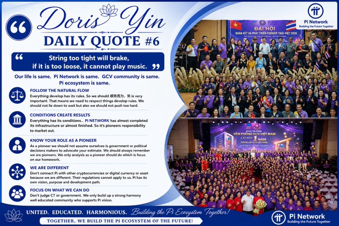 A 'Doris Yin DAILY QUOTE #6' infographic for Pi Network with the quote 'String too tight will brake, if it is too loose, it cannot play music,' alongside event photos from ĐẠI HỘI ĐẠI BIỂU TOÀN QUỐC THÁNG 8/2025.