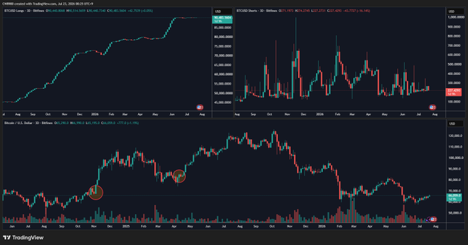 A TradingView chart displays Bitcoin's price action across multiple timeframes, with the top panels showing BTC/USD Longs and Shorts on Bitfinex (currently at 30.6965 BTC and 45.7372 BTC respectively as of July 21, 2025) and the main panel showing BTC/USD daily price around $117,000. The image visually supports the post's claim about Bitfinex whale positioning, showing that long positions remain steady while short positions have recently decreased after a brief uptick, indicating whales are positioned for a potential rally.