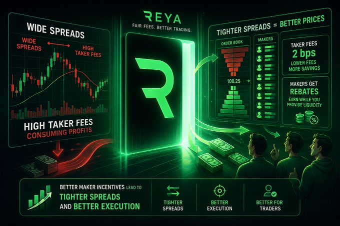 A dark-themed infographic titled 'REYA' compares 'WIDE SPREADS' and 'TIGHTER SPREADS = BETTER PRICES', highlighting lower taker fees and maker rebates.