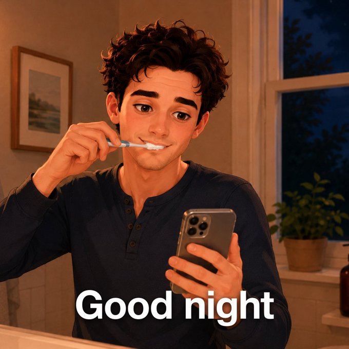 The image features a man brushing his teeth with an electric toothbrush while looking at his phone. The caption reads "Good night" which suggests that he is preparing for bedtime or just finished his nighttime routine.