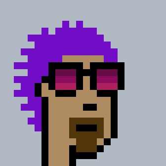 A pixel art illustration of a character with brown skin, a brown beard, pink sunglasses, and spiky purple hair against a gray background.