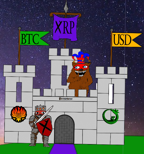 A cartoon castle illustration with flags labeled 'BTC', 'XRP', and 'USD', featuring a crowned monster character named 'Perseverr' in the tower and an armored knight with a red shield guarding the gate.