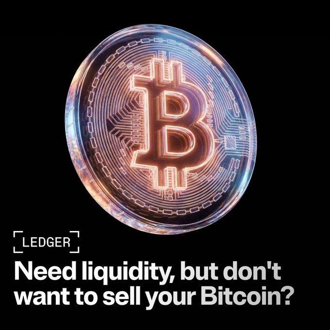 A glowing Bitcoin coin appears against a black background above the text, “LEDGER” and “Need liquidity, but don’t want to sell your Bitcoin?” The ad promotes BTC-backed loans through Ledger Wallet, powered by Morpho.