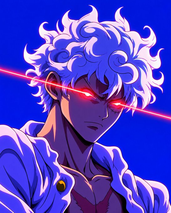 An anime-style illustration of a character with wild white hair and glowing red eyes, set against a blue background with a horizontal red light beam crossing their face.