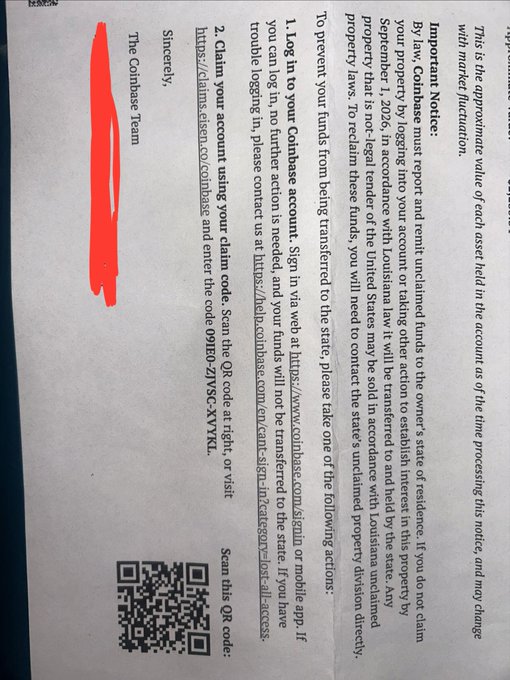A notice from Coinbase informing account holders that unclaimed funds will be transferred to the state as abandoned property if they fail to log in by September 1, 2026, with a QR code (09750-ZY5C-XYTKL) provided to claim the account. The image supports the post's claim by showing Coinbase's policy of seizing inactive accounts and transferring the funds to the state, effectively allowing the government to take custody of users' cryptocurrency if they don't actively engage with the platform.