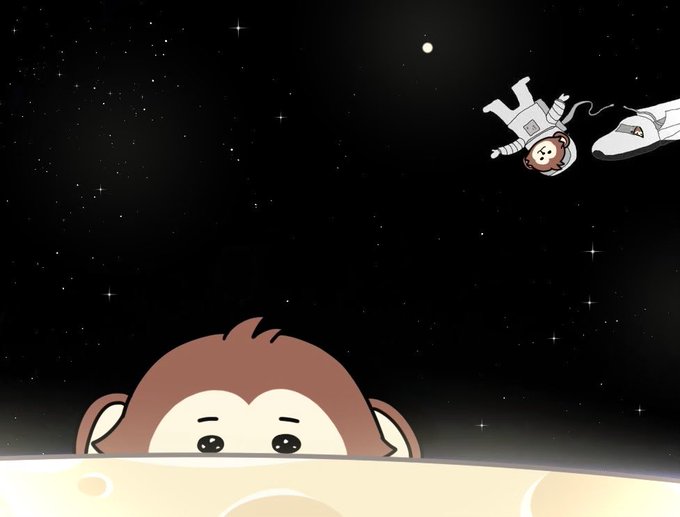 A cartoon monkey peeks over the surface of a moon or planet, with another monkey and a spaceship floating in the starry black space above.