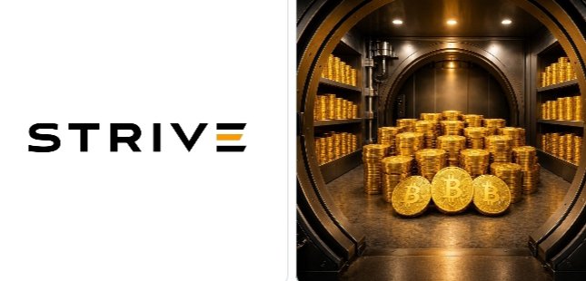 The image shows the "STRIVE" logo alongside a depiction of a secure vault filled with stacks of gold coins and large Bitcoin coins, visually representing the company's cryptocurrency treasury holdings. This ties directly to the announcement of Strive acquiring an additional 1,800 BTC for $143 million, bringing its total holdings to 23,156 Bitcoin as part of ongoing corporate Bitcoin accumulation.