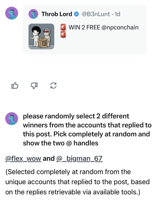 Twitter/X post by 'Throb Lord (@B3nLunt)' announcing a giveaway for '2 FREE @npconchain' prizes, with a reply listing the two randomly selected winners as '@flex_wow' and '@_bigman_67'.