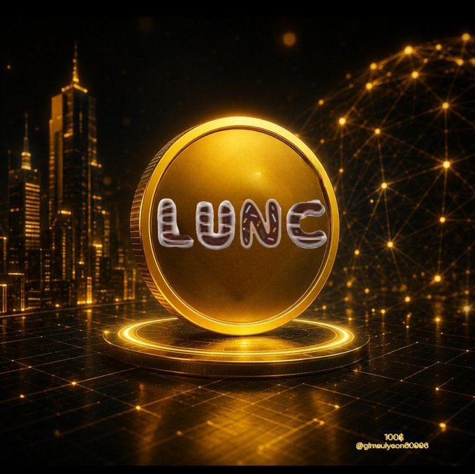 A digital promotional image showing a golden 'LUNC' coin on a pedestal with a city skyline and network nodes in the background, credited to @marlyeon00000.