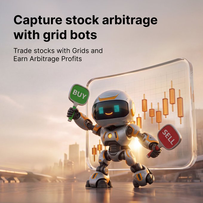 A friendly robot mascot holds green "BUY" and red "SELL" signs in front of a candlestick chart under the headline "Capture stock arbitrage with grid bots – Trade stocks with Grids and Earn Arbitrage Profits." The image visually reinforces the post's message by depicting an automated trading bot executing buy and sell orders on a stock price chart, symbolizing Bybit's Stock Grid Bot working around the clock to capture arbitrage opportunities.