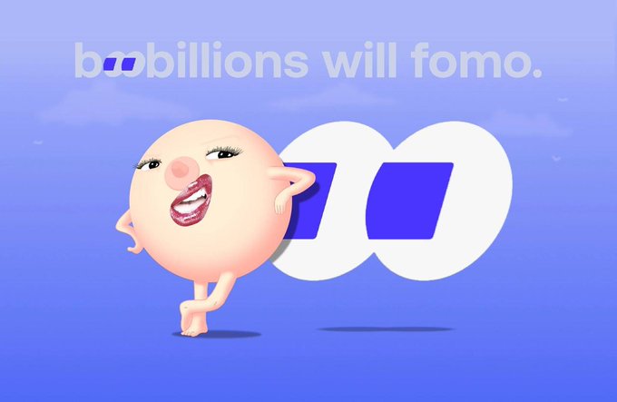 A meme with the text 'boobillions will fomo.' showing a cartoon pink round character with human lips posing next to a stylized logo.