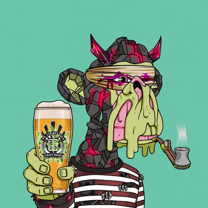 A cartoon illustration of a zombie-like character with green slime dripping from its face, holding a glass of 'Heineken Craft Beer' and smoking a pipe against a teal background.