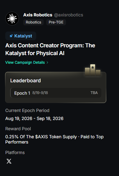 A screenshot of an Axis Robotics (@axisrobotics) social media post promoting the 'Katalyst' Content Creator Program with a 0.25% $AXIS token reward pool.