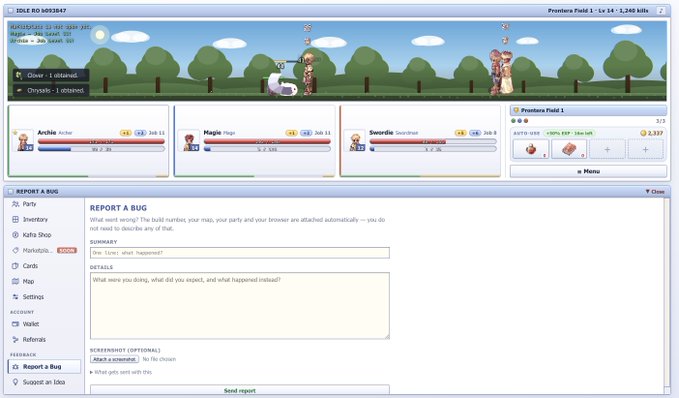 A video game screenshot showing an RPG-style interface with characters named Anbie, Maple, and Sworlie exploring "Frontiere Field 1 - Lv 14 - 1,346 kills," alongside a "REPORT A BUG" form where users can submit summary, details, and screenshots. The image illustrates the bug reporting process mentioned in the post, which directs Early Access players to log in and submit any issues they encounter.