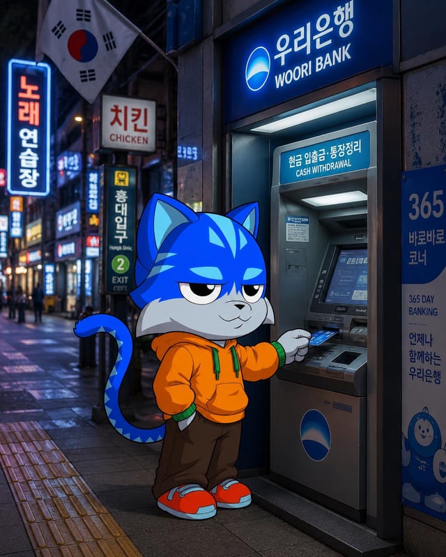 An anthropomorphic blue cat wearing an orange hoodie stands at a Woori Bank ATM at night in a neon-lit Korean street, holding out a card to withdraw cash. The image of hitting the ATM directly illustrates the poster's hustle to earn $500 toward Toshi Coin.