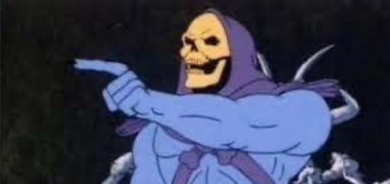 An animated clip features Skeletor from He-Man pointing his finger while wearing his signature purple hood against a forest background.