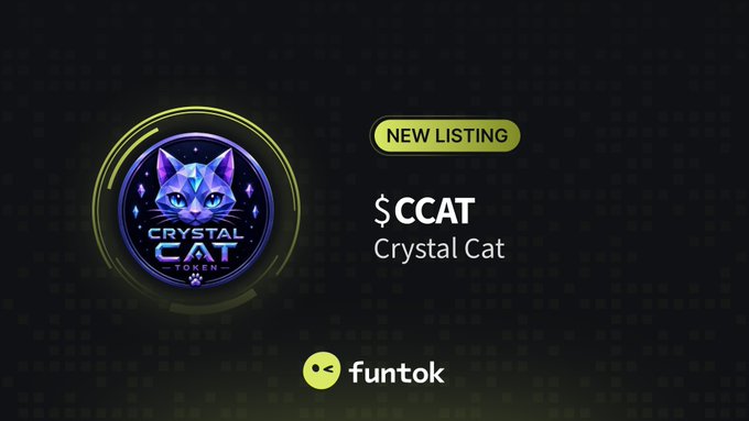 A promotional graphic announcing a 'NEW LISTING' for '$CCAT' (Crystal Cat Token) on the Funtok platform, featuring a logo of a cat with a crystal on its forehead.