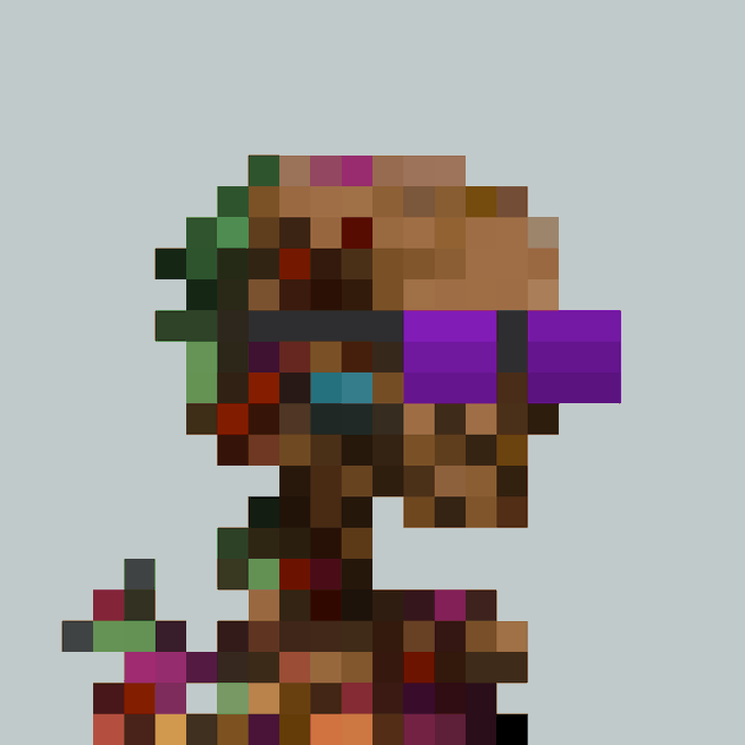 A heavily pixelated image showing a character composed of blocky colored squares in shades of brown, green, orange, and purple against a light blue background.