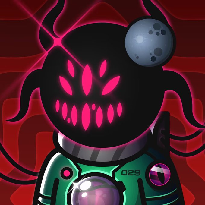A digital illustration depicts a menacing, shadowy figure with glowing pink multi-eyes, a crescent moon-shaped headpiece, and a green spacesuit labeled '029'.