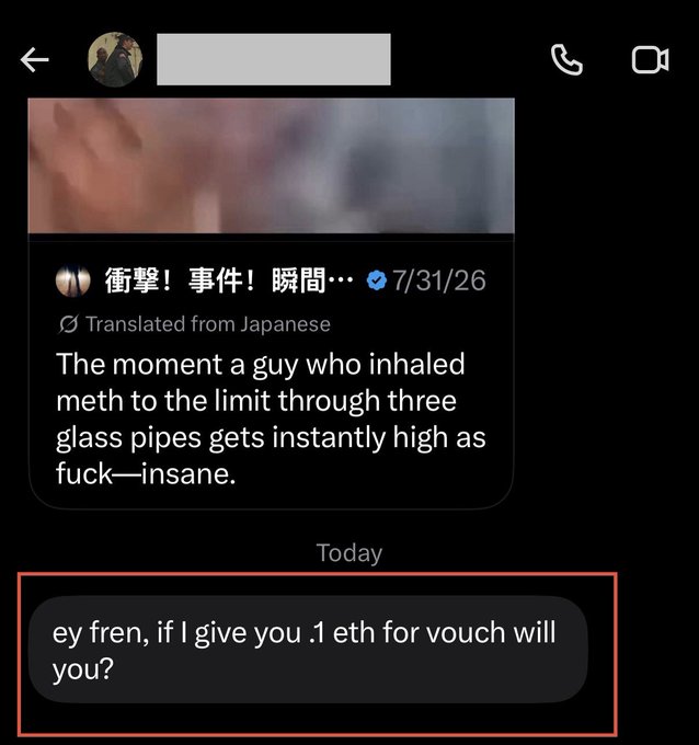 A messaging app screenshot shows a translated Japanese post about someone getting high, followed by a highlighted user reply that reads "ey fren, if I give you .1 eth for vouch will you?"