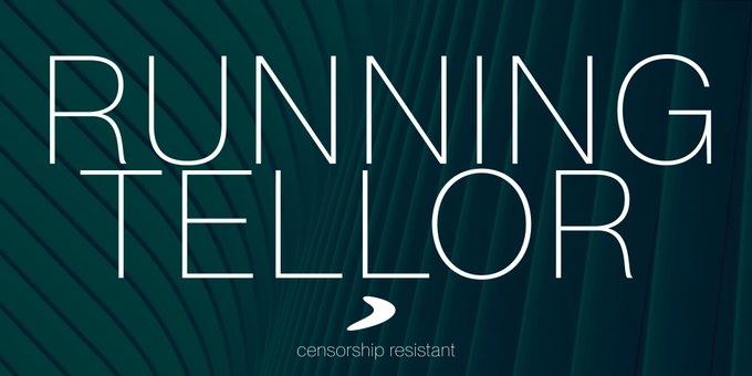 Dark green graphic displaying the text 'RUNNING TELLOR' in large white letters with the tagline 'censorship resistant' below.