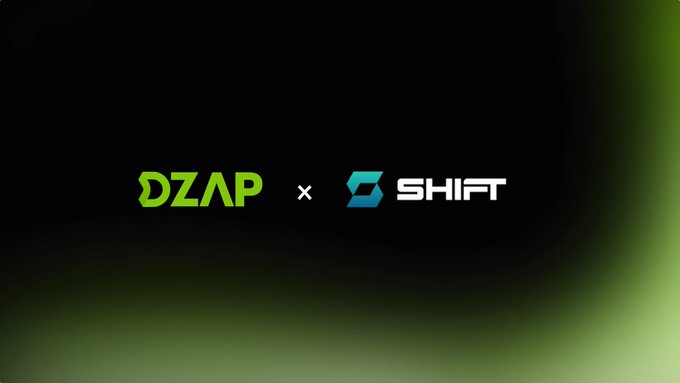 A dark background graphic showing a collaboration or partnership between 'DZAP' and 'SHIFT' logos.
