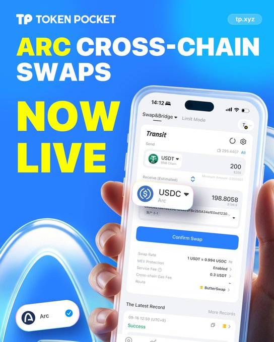 A promotional graphic for Token Pocket announces 'ARC CROSS-CHAIN SWAPS NOW LIVE', showing a phone interface swapping USDT to USDC on the Arc network.