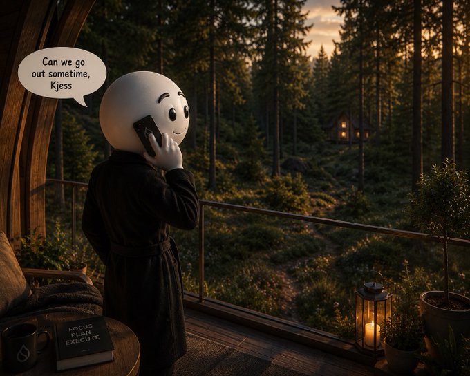 A 3D-rendered character in a dark robe standing on a balcony at dusk, holding a phone with a speech bubble reading 'Can we go out sometime, Kjess', overlooking a forest with a cabin in the distance.