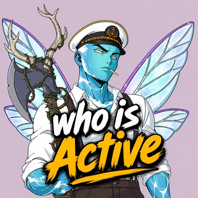 A digital illustration of a blue-skinned character with translucent fairy wings, wearing a sailor cap and holding a large weapon, with the text 'Who is Active' prominently displayed.