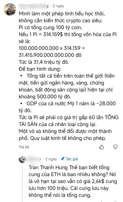A Vietnamese-language social media comment performs a basic math calculation arguing that Pi cryptocurrency, with a total supply of 100 billion coins at $314.159 each, would be worth $31.4 quadrillion—approximately 60 times all of humanity's combined wealth of $500 trillion.