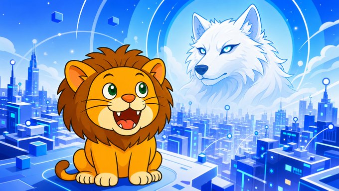 A cartoon illustration of a cute orange lion cub sitting in a futuristic blue digital city, with a large white wolf head visible in the background sky.