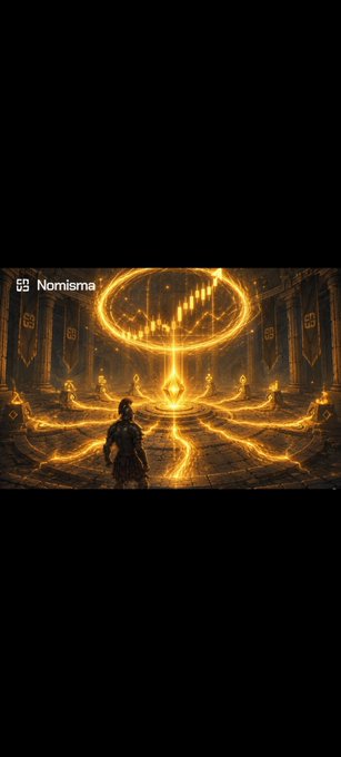 A dark fantasy artwork labeled "Nomisma" showing a silhouetted figure facing a glowing golden portal with figures arranged in a ritual circle.