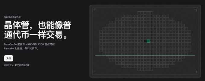 A dark-themed Chinese promotional graphic for 'TapeOut 流动性' explaining that NAND and LATCH packages on Pancake can be traded like regular coins.