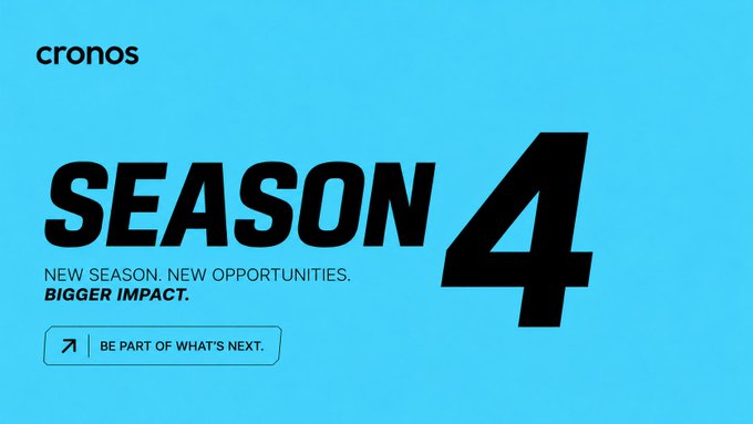 A bright blue promotional graphic for Cronos announcing "SEASON 4" with the tagline "NEW SEASON. NEW OPPORTUNITIES. BIGGER IMPACT." and a call-to-action button reading "BE PART OF WHAT'S NEXT," highlighting the platform's seasonal rewards and opportunities for community contributors as mentioned in the post.