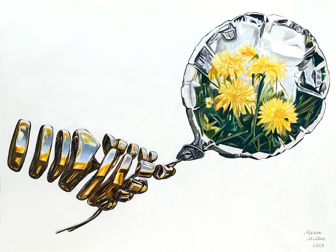 A watercolor illustration depicts a skeletal spine made of gold vertebrae with a glass orb containing yellow dandelions and green stems in place of a head, signed 'Maria Miller 2026'.